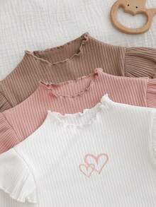 Cozy Pixies 3pcs Baby Girl Heart Pattern Knitted Soft Round Neck Ruffle Trim Long Sleeve Bodysuit Set - Apricot - View 3