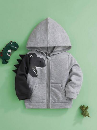 SHEIN Perso Play Baby Boys Infant Casual Sports Everyday Versatile Cute Dinosaur Pattern 3D Horn Hoodie Jacket, Gray Hooded Outerwear, Suitable For All Seasons