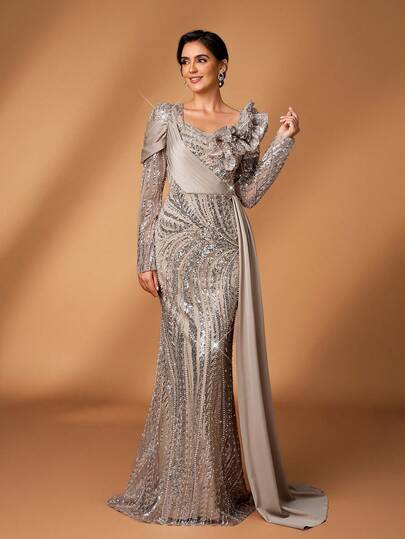 Serin Elegant Luxurious Beaded & Sequin Floral Patchwork Satin Ruffle Mermaid Hem Dress With Sheer Long Sleeves, Suitable For Weddings, Parties, Vacations, Galas, Bridal Shower, Mother Of The Bride Gown