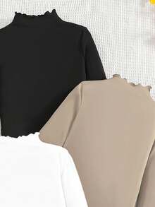 3 件套青少年女孩修身休闲纯色高领褶饰长袖 T 恤，米色、黑色、白色 - 彩色 - 查看 6