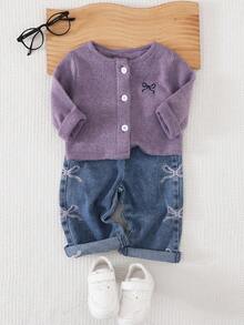 SHEIN Playful Pals 2件套女童时尚百搭蝴蝶结刺绣长袖外套和休闲牛仔裤套装，适合春、秋、冬、室内、室外、返校、日常穿着 - 彩色 - 查看 8