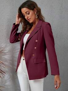 SHEIN Fashionable Commuter Solid Color Double-Breasted Suit Jacket Women's S Suit Jacket For Women Office For Women - Burgundy - View 6