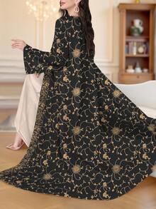 SHEIN Najma 女士花卉数码印花长袖休闲阿拉伯长袍，春秋季 - 彩色 - 查看 4