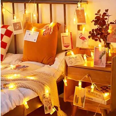 1个壁挂式照片展示夹串灯，墙面装饰绳照片支架，带塑料夹，照片挂钩照片横幅，适用于家居房间装饰带（不含电池），家居装饰，房间装饰，墙面装饰，圣诞树装饰灯