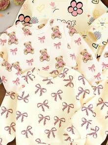 SHEIN Crema blanco, lazo con estampado de leopardo súper lindo, estampado de oso rosa lindo, estampado de graffiti cálido y divertido, estilo ballet, dopamina, ambiente de otoño/invierno, conjunto de sudadera holgada de punto acogedor para niña pequeña, adecuado para otoño/invierno