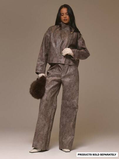 MUSERA Snake Print Faux Leather Asymmetric Waist Wide Leg Trousers Cool Girl Streetstyle Cute Fall Autumn