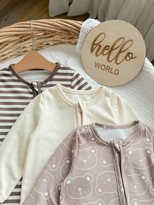 SHEIN 3件套新生女宝宝可爱卡通图案针织长袖连体衣套装，秋冬季 - 米色 - 查看 6