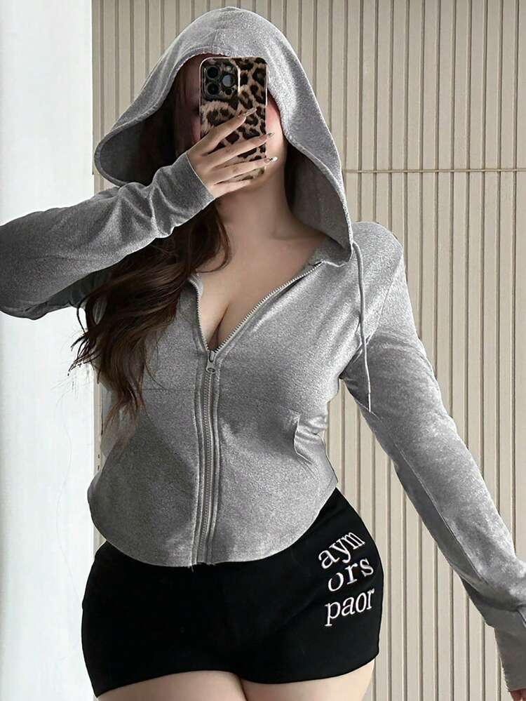 Dazy Plus Elastic Fitted Tight Cropped Zip-Up Hooded Sweatshirt