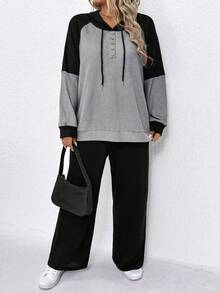 Bộ 2 món/Bộ trang phục có mũ trùm đầu thoải mái màu tương phản dành cho nữ - Nhiều màu - Xem 6