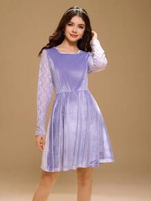 Teen Girl Long Sleeve Round Neck A-Line Christmas Elegant Party Dress - Purple - View 5