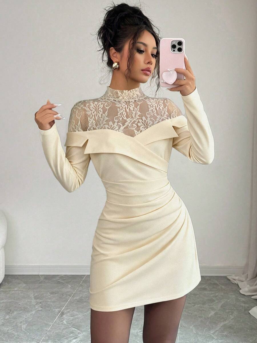 Siren Gaze Women's Elegant Ruched Waist Lace Patchwork Long Sleeve Bodycon Dress Winter Evening Dress Spring - Apricot - View 1