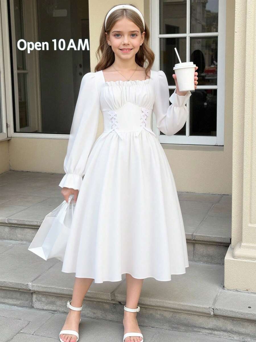 Tween Girls Elegant White Autumn Party Dress,Sweet Square Neck Puff Long-Sleeved Ruffled Hem Mid-Length Open Back Dress For Spring/Fall Daily Wear - Apricot - View 1