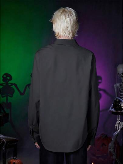 Goth Chemise décontractée ample à manches longues et boutonnage simple de couleur unie pour hommes