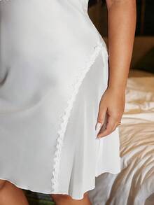 SilkySpell Luvlette Plus Size Lace & Mesh Patchwork Camisole Nightgown,White,Summer,Elegant,Wedding Guest Spaghetti Strap Curve Babydoll Lingerie Dress - White - View 6