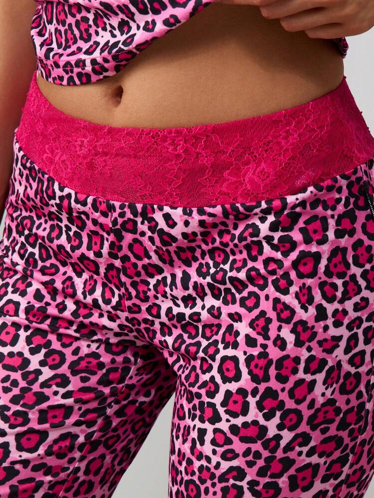 Missguided x Playboy Pantalones acampanados de tiro alto con estampado de leopardo, pantalones casuales de pierna ancha y bota ancha de moda