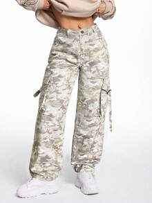 SHEIN ICON Pantalones de cargo de mezclilla con estampado de camuflaje para mujer - Multicolor - Ver 5