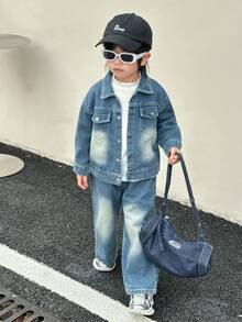 Genkimix Kids 2pcs Young Boy Casual Washed Button Front Denim Jacket And Jeans Set, Autumn