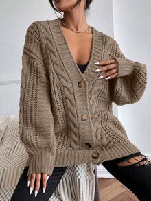 SoleilVie Women Solid Color Dropped Shoulder Lantern Sleeve Loose Casual Cardigan For Autumn/Winter,Long Sleeve Tops Fall Cloth For Women - Brown - View 4