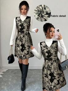 Selianne Abito mini aderente con scollo a V, senza maniche, con texture ricamata e bottoni davanti, elegante e versatile per l'ufficio, stile francese - nero - Visualizzare 1