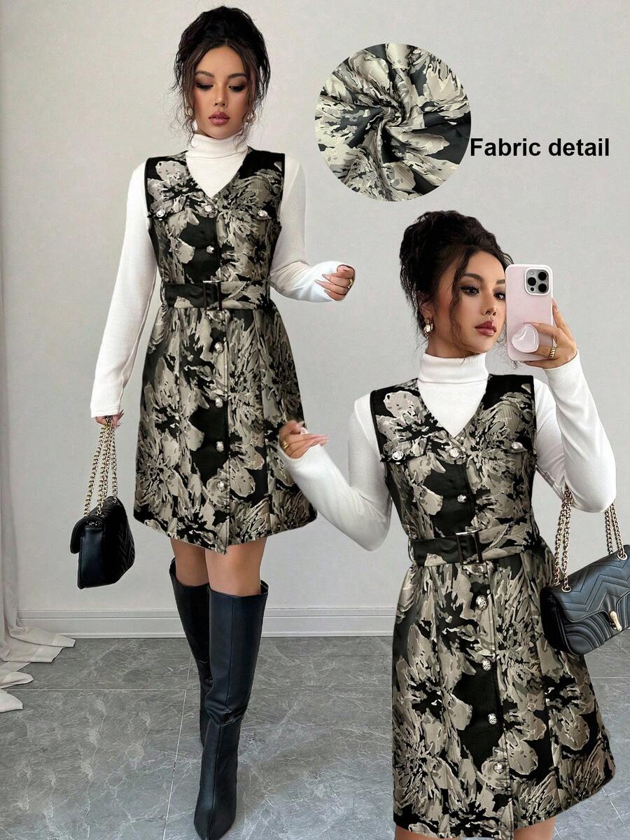 Selianne Abito mini aderente con scollo a V, senza maniche, con texture ricamata e bottoni davanti, elegante e versatile per l'ufficio, stile francese - nero - Visualizzare 1