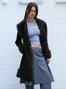 COUREZ 仿皮草长款大衣 /Y2K 秋季女装 冬季女装 女士冬季夹克 女士冬季外套 - 黑色 - 查看 2