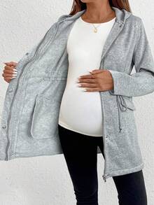 SHEIN 孕妇常规休闲保暖口袋抽绳外套 - 灰色 - 查看 5