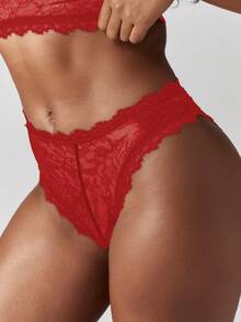 MISSGUIDED Conjunto de lencería de dos piezas con bralette de encaje y ropa interior de talle alto para el Día de San Valentín - Rojo - Ver 6