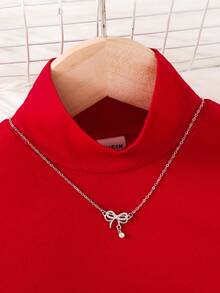 SHEIN Young Girl Ribbed Knit Mock Neck Ruched Basics Solid Color Knit Tee,Great For Casual & Daily Wear & School Daily In Autumn & Winter,Mommy & Me Matching.Red For Christmas. - Red - View 5