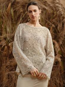 Arave Women's Sequined Fabric H-Line Loose Fit, Hollowed-Out Shimmering Sequined Off-Shoulder Design, Modern Party Top    Party Tops - Khaki - View 4