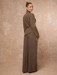 Lumalex 立领镂空腰部金属纽扣收腰直筒短裤，女士长袖套装 - 棕色 - 查看 7