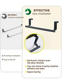 Basic Living 1件装黑色单杆毛巾架，橱柜门后挂式毛巾架，无需打孔，长款洗碗毛巾架，不锈钢毛巾架，厨房浴室橱柜毛巾挂钩 - 黑色 - 查看 5