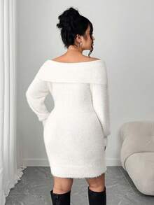 Elenzga Váy len dài tay trễ vai rộng rãi, thoải mái cho nữ, cỡ lớn, thích hợp cho các buổi hẹn hò, Giáng sinh, đám cưới, tiệc tùng, váy mùa đông - trắng - Xem 3
