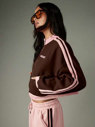 MISSGUIDED MSGD Zip Through Sweatshirt With Contrast Piping And Ribbed Collar Cuffs