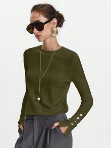 Lumivelle All-Match Round Neck Casual Chic Versatile Long Sleeve Knit Undershirt Army Green Tops Long Sleeve Top Button Top Solid Color Tops Office Winter - Olive Green - View 4