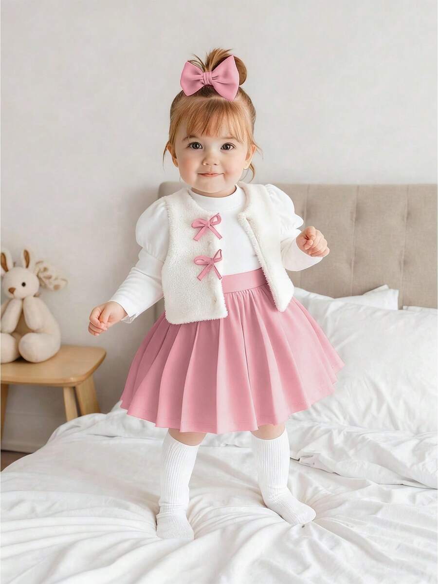 Souflis Souflis 2-Piece Baby Girl Winter White Long Sleeve Knit Top + White Fuzzy Vest + Red Plaid Skirt Set - Pink - View 1