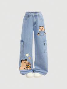 Girlism 少女水豚卡通印花牛仔裤，可爱甜美，适合日常穿着、上学、周末、返校季、度假。多口袋宽松版型，水洗浅蓝色直筒工装裤，适合少女穿着，秋季服装，圣诞节裤装，秋季穿搭，女孩秋冬返校季牛仔裤。