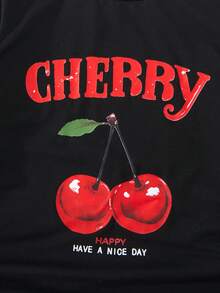 Sparklyn Conjunto informal de niña preadolescente con camiseta de manga larga con estampado de letras de cereza y pantalones acampanados