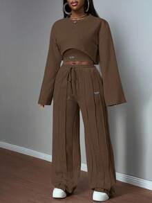 Slaydiva 2025 秋冬休闲百搭街头通勤长袖上衣和裤子女款三件套运动套装，白色和灰色纯色 - 棕色 - 查看 2