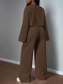 Slaydiva 2025 秋冬休闲百搭街头通勤长袖上衣和裤子女款三件套运动套装，白色和灰色纯色 - 棕色 - 查看 6