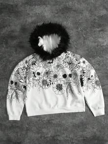ROMWE MEN Street Life Men's Skull & Floral Printed Hoodie - White - View 1
