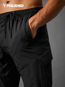 Acti Log Boyfriend Style Men Drawstring Waist Flap Pocket Side Sports Pants Fall Fall Breathable Sweat-Wicking Lightweight Comfortable Running Muscle Minimalist Design Slim Fit For Workout Joggers Gymwear - Black - View 3