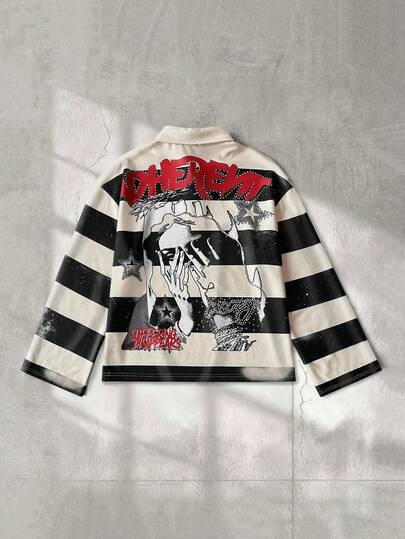 Street Life Men's Casual Striped Religious Character Printed Button-Up T-Shirt