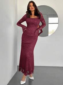 Firerie 女士优雅简约浪漫迷人通勤休闲方领蕾丝褶饰喇叭袖白色紧身中长连衣裙，适合情人节 - 紫紅色 - 查看 5