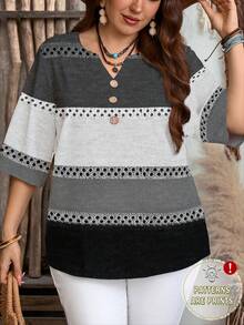 EMERY ROSE Camisa holgada de mujer talla grande con cuello redondo, mangas 3/4 y patrón de rayas de bloques de color para otoño/invierno - Blanco y Negro - Ver 1