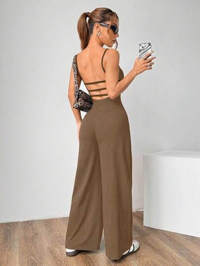 Flirla Mono de pierna recta con cintura ceñida y espalda descubierta de unicolor y casual para mujer