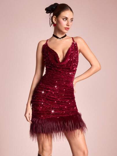 Women's Sequin Patchwork Faux Fur Hem Ruffle Strap Mini Dress