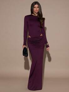 SHEIN BAE 女士纯色圆领褶皱镂空长袖连衣裙 - 紫色 - 查看 4