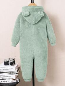 SHEIN 儿童可爱小熊刺绣卡通连帽长袖连体衣，休闲连体裤，适合上学、花园、海滩、生日、春季、夏季、秋季、冬季穿着。 - 薄荷綠 - 查看 2