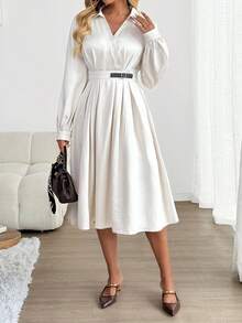 SHEIN LUNE Rochie de damă cu mânecă lungă, cu design plisat și cataramă, casual, din piele