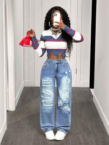 BamGleam Quần jeans ống đứng thêu họa tiết rách giặt thường ngày dành cho nữ - Rửa nhẹ - Xem 8